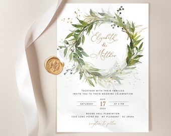 JAIME - Greenery Wedding Invitation Templates, Boho Wedding Invite Template, Wedding Invitation, Invitation Template Download, Faux Gold