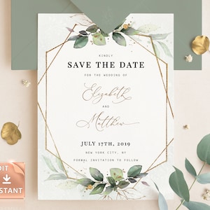 CLEO - Eucalyptus en goud Save the Date Card, Boho afdrukbare groen sjabloon, INSTANT DOWNLOAD, afdrukbare bewerkbare Save the Date