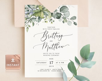 Eucalyptus Wedding Invitation Template, Boho Suite with Greenery, Signature Font Invites, Bohemian Invite Bundle Set, Printable Editable