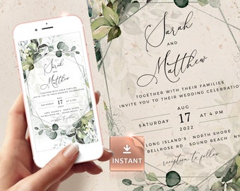 REESE - Geometric Silver Wedding Invite By Mail, Evite Template, Digital Invitation, Electronic Greenery Customizable Editable Download