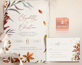 SIENNA - Rustic Fall Wedding Invitation Template, Autumn Leaves and Greenery, Download Editable Invite, Printable Marriage, Bundle Invites