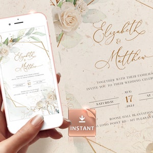 MARCI - Weiße Rosen Hochzeitseinladung, Geometrische elektronische Evite, Text Hochzeitseinladungsvorlage, Smartphone Hochzeitseinladungen
