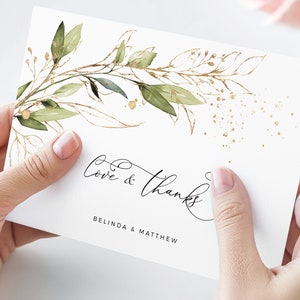 Laurel Faux Gold Dankeskarte, DIY druckbare Karten, Aquarell grüne Blätter, Zelt gefaltet Vorlage, sofortiger Download, bearbeitbare Vorlagen