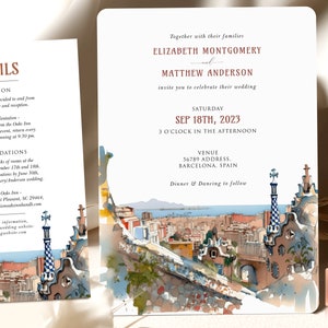 Barcelona Destination Wedding Invitation - Elegant Script Vintage Design - Perfect for Spanish Theme Weddings Park Guell BCN