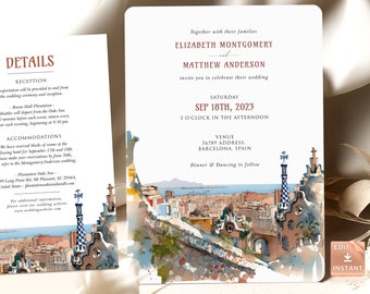 Barcelona Wedding Invitation: Vintage Spanish Theme, Elegant Script