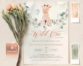 Giraffe Baby Shower Invitation Template: Gender Neutral, Wild One (Printable)