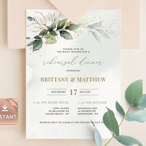 CLEO - Boho Rehearsal Dinner Einladung, Gold Eukalyptus Grün, druckbare bearbeitbare Hochzeitskarten Set, sofortiger digitaler Download Vorlagen