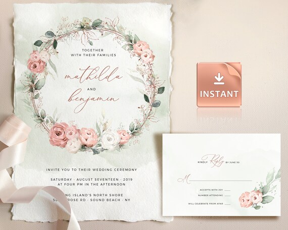 Roses And Eucalyptus Greenery Wedding Invitation Template Set Etsy