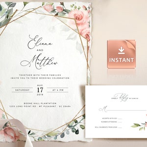 MIU - Afdrukbare Rose Greenery bruiloft uitnodiging sjabloon, rode rozen pioenrozen, INSTANT Download, bundel Suite, aangepaste DIY bruiloft sjablonen