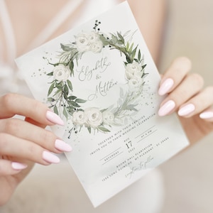 White Roses Wedding Invitation Template: Greenery Eucalyptus (Digital Download)