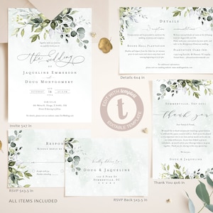 Editable Greenery Wedding Invitation Template, Boho Watercolor Eucalyptus Wedding Invite, Bohemian Wedding Templates, Instant Download REESE image 2