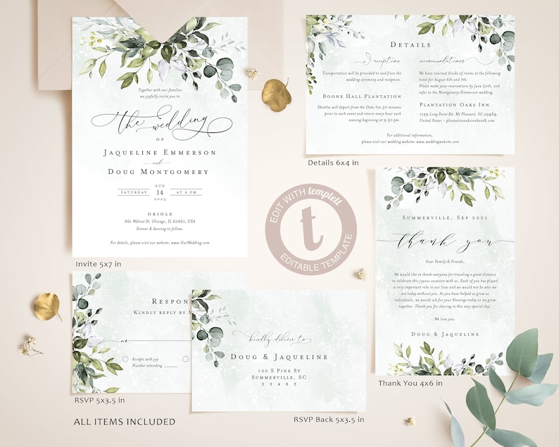 Editable Greenery Wedding Invitation Template, Boho Watercolor Eucalyptus Wedding Invite, Bohemian Wedding Templates, Instant Download REESE image 2