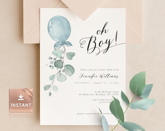 Oh Boy Baby Shower Invitation, Blue Balloon Eucalyptus, Printable Template
