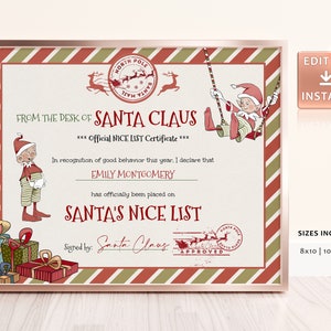 Editável Papai Noel Oficial Lista Agradável Certificado Carta Da Mesa Véspera de Natal Elfos Menino Menina Pólo Norte Modelo Templett para impressão