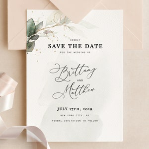CLEO - Beste Save the Date afdrukbare kaart, Boho aquarel groen met eucalyptus en goud, INSTANT DOWNLOAD, afdrukbare, bewerkbare sjabloon