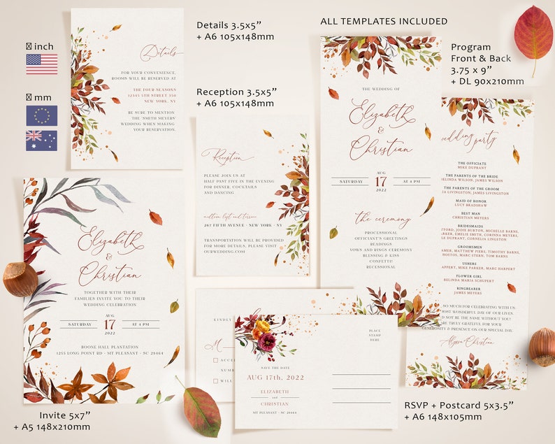 SIENNA Rustic Fall Wedding Invitation Template, Autumn Leaves and Greenery, Download Editable Invite, Printable Marriage, Bundle Invites image 2