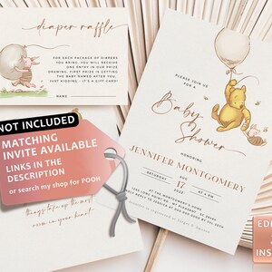 May include: A Winnie the Pooh themed baby shower invitation with a cartoon illustration of Winnie the Pooh holding a balloon and Piglet. The invitation is in gold and white with the text "Please join us for a Baby Shower honoring Jennifer Montgomery" and the date and time of the shower.