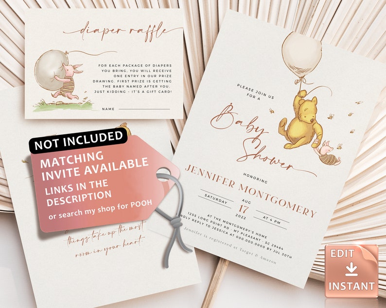 May include: A Winnie the Pooh themed baby shower invitation with a cartoon illustration of Winnie the Pooh holding a balloon and Piglet. The invitation is in gold and white with the text "Please join us for a Baby Shower honoring Jennifer Montgomery" and the date and time of the shower.