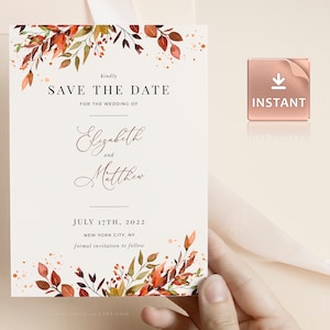 SIENNA - carte imprimable "Retenez la date", "retenez la date" avec un feuillage aquarelle, téléchargement immédiat, modèle de date retenue pour l'automne automne, modifiable bricolage