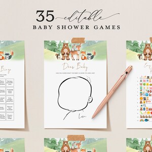 WOODLAND 35 Printable Baby Shower Games, Item Game, Celebrity Baby Names, Guess The Food, Late Night Diapers, Recipes Kitchen, Baby Traits