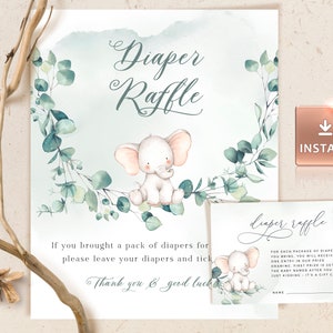 JOY - Cartello e biglietto per lotteria di pannolini, Segno di eucalipto elefante, Lotteria di pannolini di arachidi, Modello modificabile, Download istantaneo, Segni di baby shower