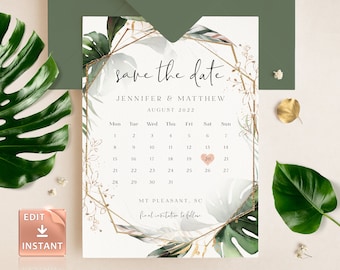 PAIGE - Tropical Save the Date Calendar, Botanical Save Our Date Calendar, Printable Template, Editable Custom Calendar Save Date