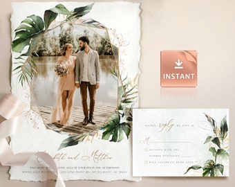 PAIGE - Tropical Picture Wedding Invitation Template, Wedding Invite Kit, Greenery Invitations, Botanical Editable Invites, Instant Edit