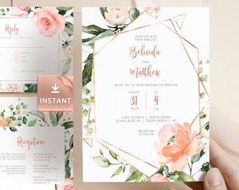 Blush Pink Floral Wedding Invitation Set: Editable Printable Templates (Digital Download)
