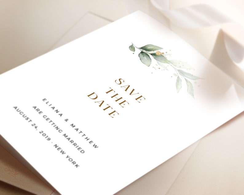 CLEO Printable Save the Date Card INSTANT DOWNLOAD Printable Editable Save the Date Template Bohemian Greenery with Eucalyptus and Gold