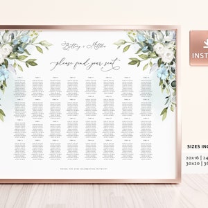 SALMA - Blue Greenery Seating Chart, Dusty Blue Seating, Find Your Seat Chart, Garden Seating Chart, DIY Table Plan, Table Seating Chart