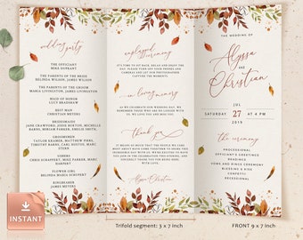 SIENNA - Trifold Wedding Programs with Fall Leaves, Folded Boho Ceremony Template, Rustic Autumn Folded Card, Editable Order Of Service