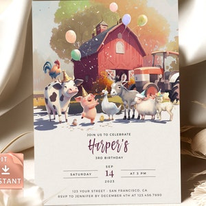 Farm Tractor Birthday Invitation Barn Animals Party Invite Template Editable Ranch Kids Red Barnyard Animals Instant Download Templett