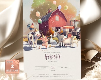 Farm Animals Birthday Invitation: Watercolor Barnyard, Tractor (Editable Template)