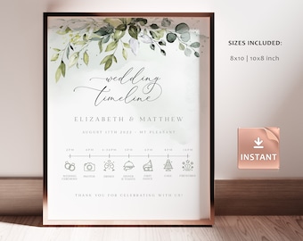 Greenery Wedding Timeline Sign: Customizable Party Itinerary (Digital Download)