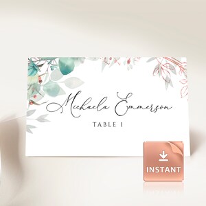 MAIA - Tarjetas de lugar de boda imprimibles, eucalipto acuarela verde oro rosa, plano y tienda plegada, DESCARGA INSTANTE, Plantilla editable