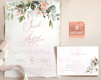 Blush Roses Wedding Invitation Template: Pink Greenery Suite (Printable, Editable)