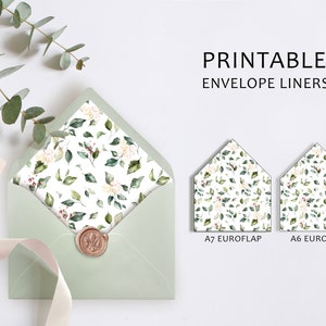 May include: Printable envelope liners with a floral pattern in shades of green, white, and red. The liners are shown in two sizes: A7 Euroflap and A6 Euroflap.