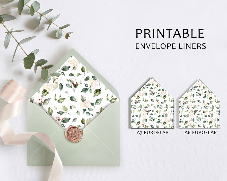 May include: Printable envelope liners with a floral pattern in shades of green, white, and red. The liners are shown in two sizes: A7 Euroflap and A6 Euroflap.