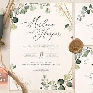 Modelo de convite de casamento Boho: Conjunto de cerimônia em ouro falso (download instantâneo)
