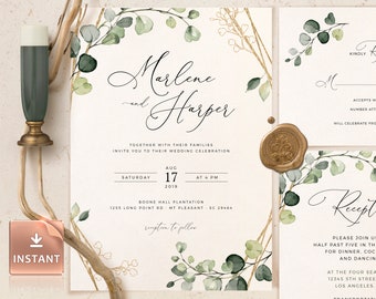 Boho Wedding Invitation Template: Faux Gold Ceremony Set (Instant Download)