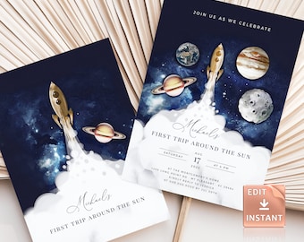 Galaxy First Birthday Invitation: Outer Space Rocket (Digital Download)