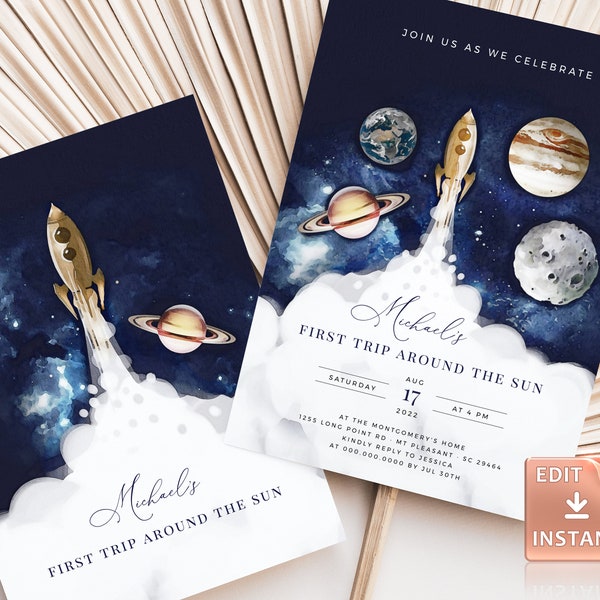 Outer Space First Birthday Invitation Editable Galaxy Blast Off First Trip Around the Sun Download Printable Template Digital One Templett