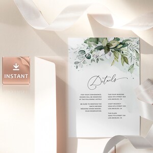 May include: A wedding invitation with a watercolor floral design in shades of green and white. The text "Details" is written in cursive script. The invitation lists hotel accommodations for guests, including the Four Seasons, Hyatt Regency, and The Plaza, all located in Los Angeles, California.