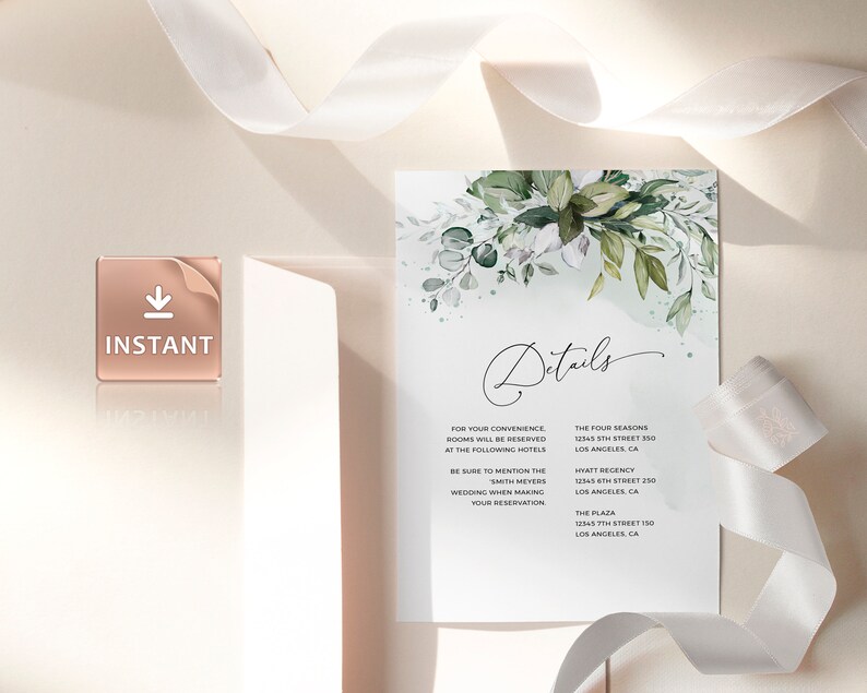 May include: A wedding invitation with a watercolor floral design in shades of green and white. The text "Details" is written in cursive script. The invitation lists hotel accommodations for guests, including the Four Seasons, Hyatt Regency, and The Plaza, all located in Los Angeles, California.