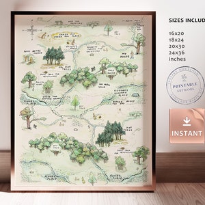 Mappa del Bosco dei 100 Acri - Mappa classica di Winnie-the-Pooh stampabile, per baby shower, feste di compleanno, centrotavola per la cameretta dei bambini, con gufo, coniglio e maialino