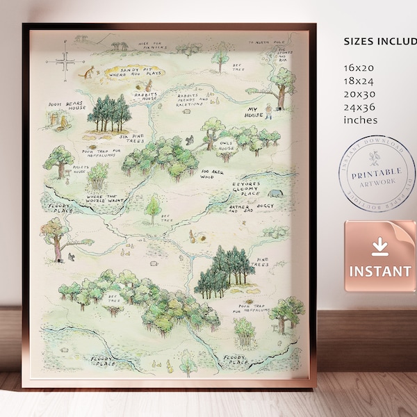 100 Acre Wood Map - Printable Winnie-The-Pooh Classic Map, Baby Shower, Birthday Party, Centerpiece Nursery Decoration, Owl, Rabbit, Piglet