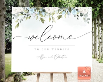 Light Blue Floral Wedding Welcome Sign Template (Printable)