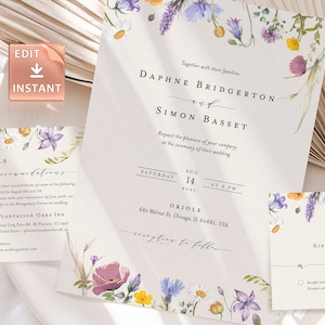 Wildflowers Wedding Invitation, Boho Floral Invite Templates, Elegant Flower Power Invites, Editable Template, Thank You RSVP Details Bundle