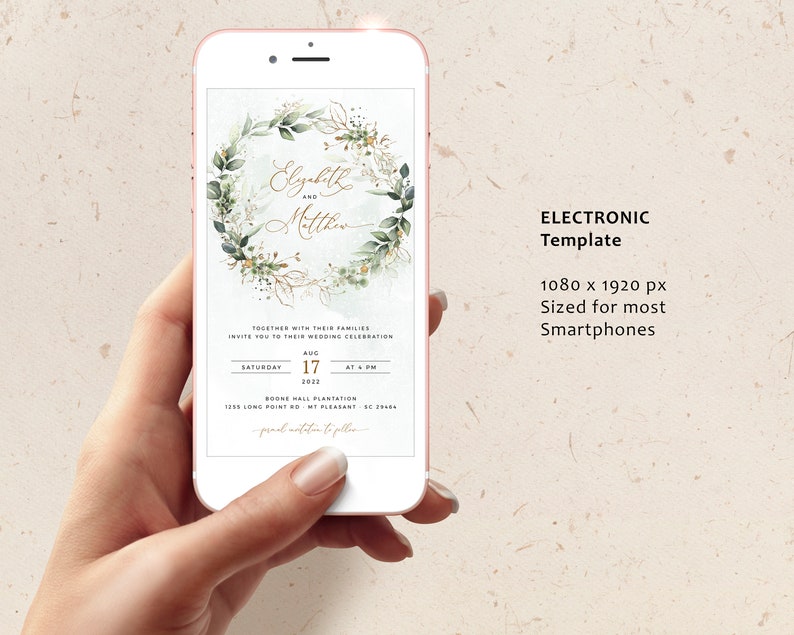 CLEO iPhone Wedding Evite Template, Smartphone Electronic Invitation, Greenery Digital Invite, Mobile Invitation Editable Instant Download image 4