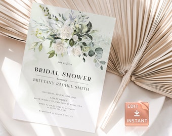May include: A white and green floral design bridal shower invitation with the text "join us for a BRIDAL SHOWER honoring BRITTANY RACHEL SMITH" and details for the event, including the date, time, location, RSVP information, and registry.